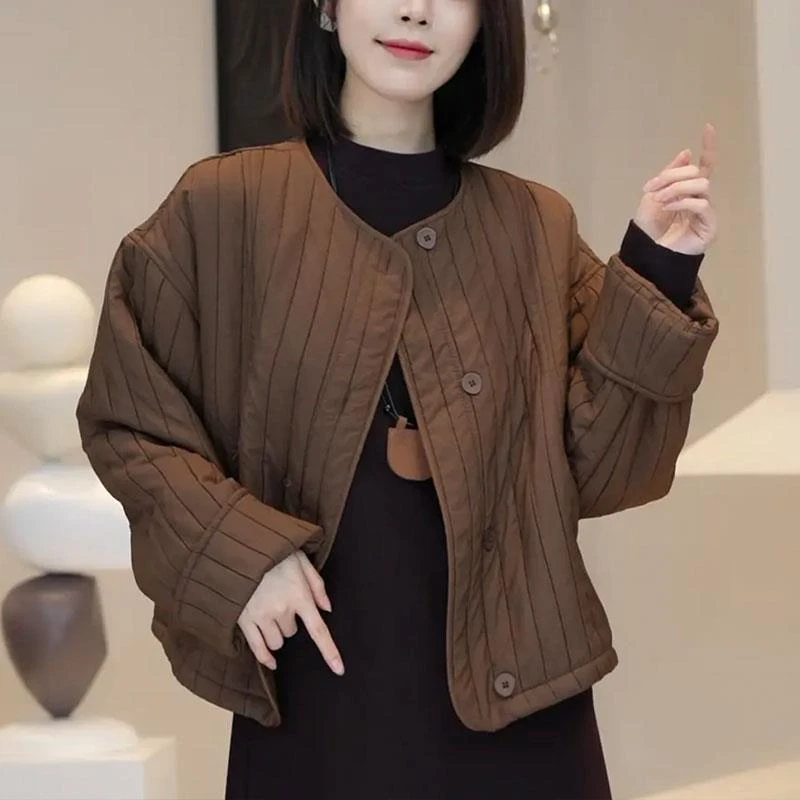 简约通勤风秋冬款竖条纹圆领服外套女复古高设计亚麻单排扣棉服