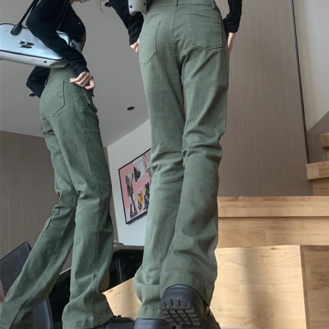 春秋军绿色工装裤软牛仔裤女高腰修身显瘦显高新款辣妹美式微喇裤