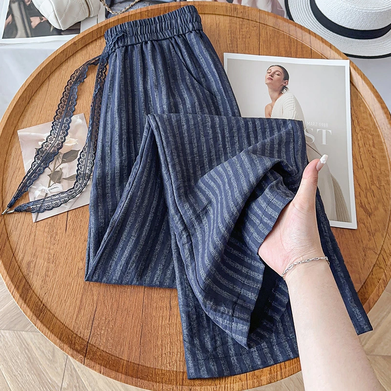 条纹亚麻直筒裤女2025夏日新款蕾丝边系绳宽松裤天丝棉麻阔腿裤子