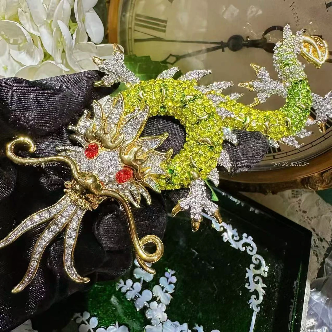 铜合金胸针 轻奢时尚复古古风重工中古素款绿色龙胸针