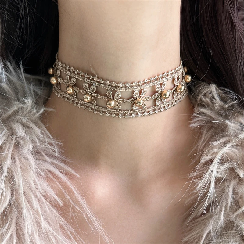 非金属布艺项链 X6161-1复古金色蕾丝布艺choker项链