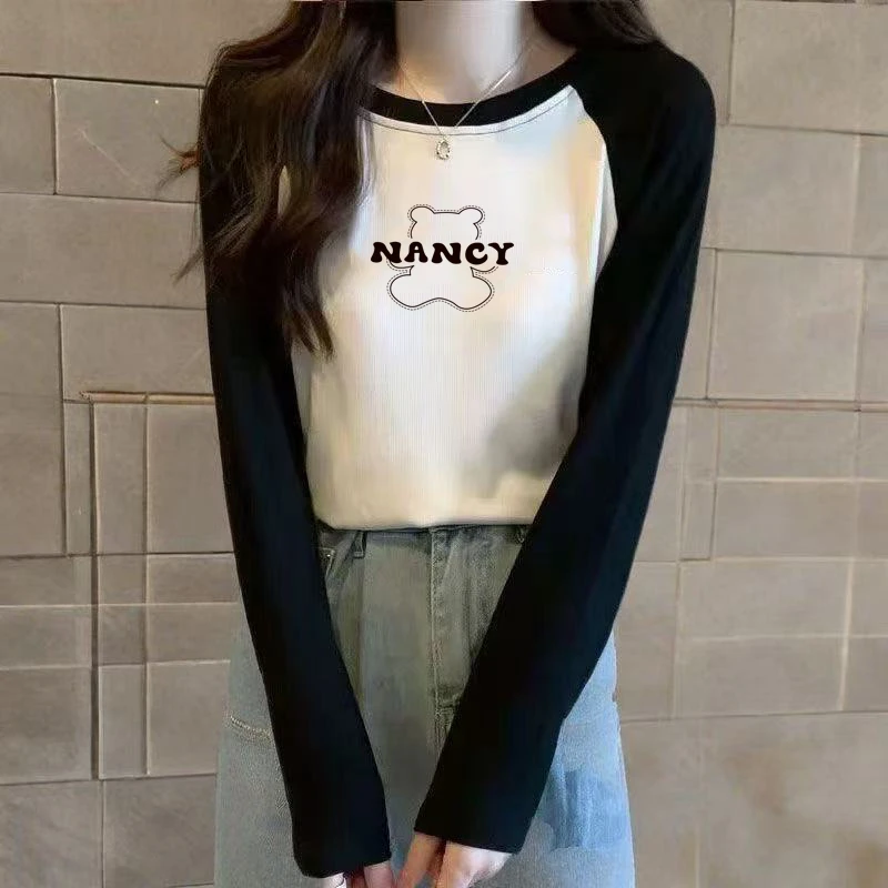 纯棉春秋季打底圆领宽松长袖新款韩版显瘦拼接撞色圆领印花上衣潮