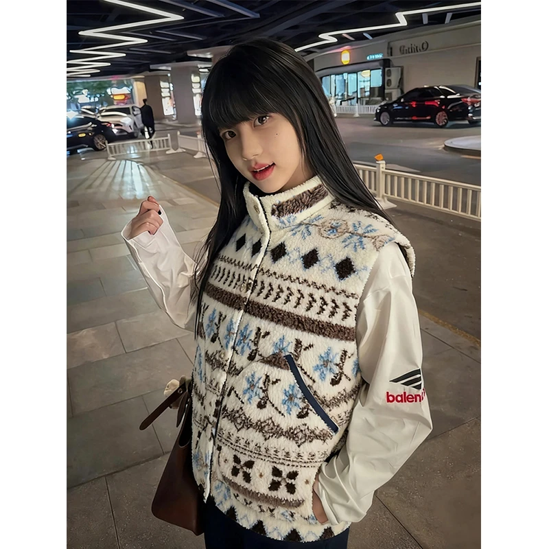 AHCN费尔岛双面穿羊羔绒马甲男女款冬季加厚保暖背心韩系坎肩外套