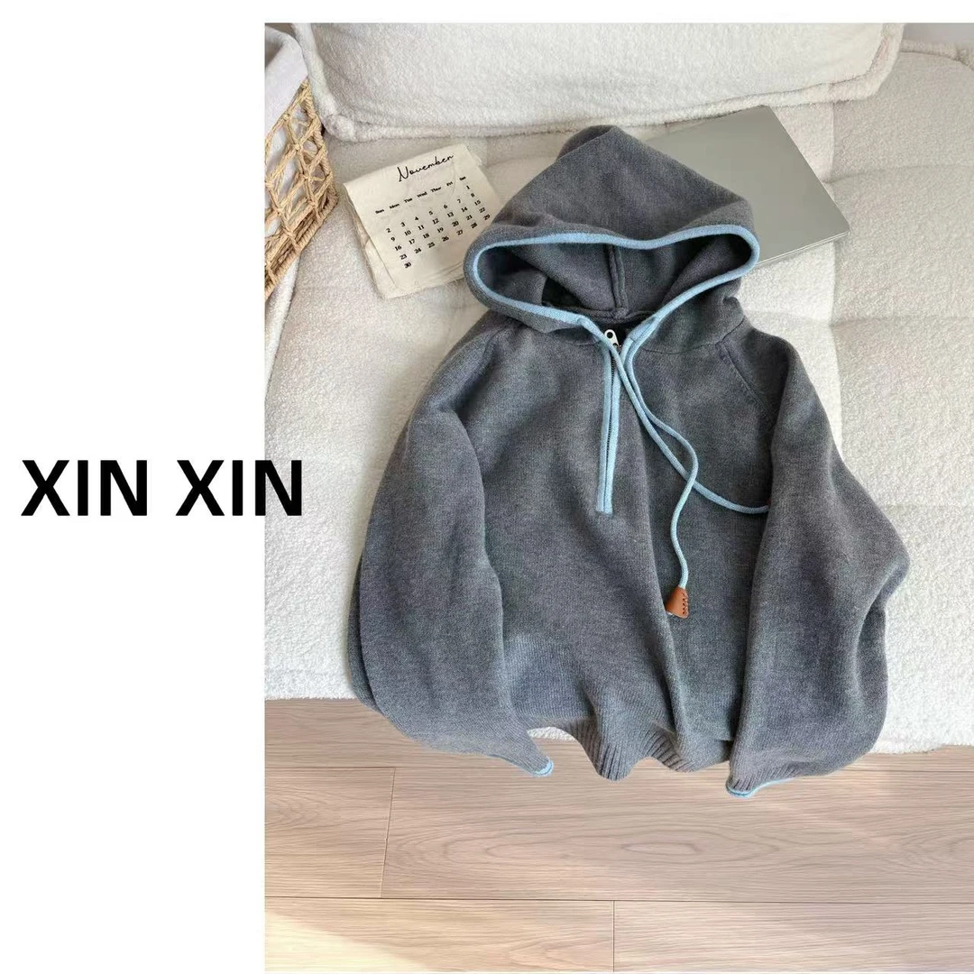 小柒家X0119-连帽纯色短款半拉链针织毛针织衫帽衫灰色上衣