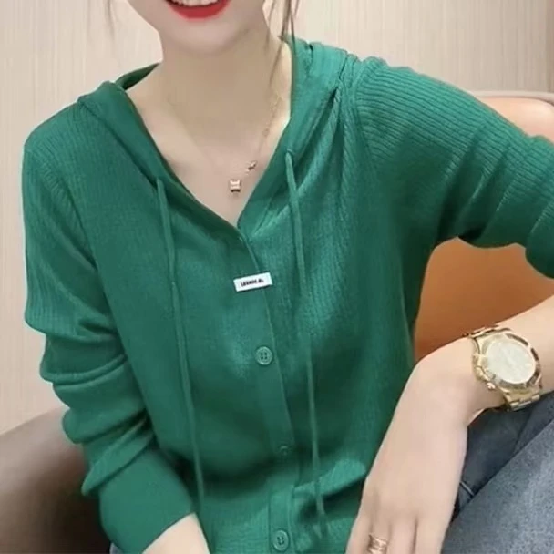 绿连帽，卫衣衫女休闲简约减龄长袖打底上衣6613