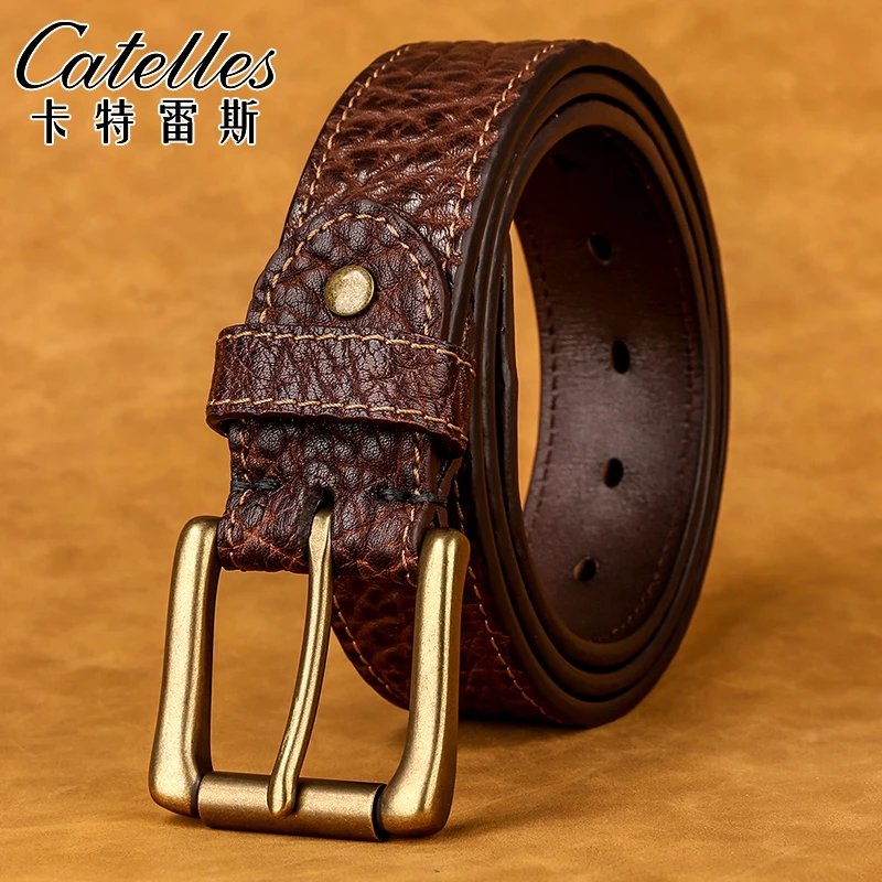 CATELLES加厚头层牛皮复古铜扣男士皮带年轻人牛仔休闲针扣裤腰带
