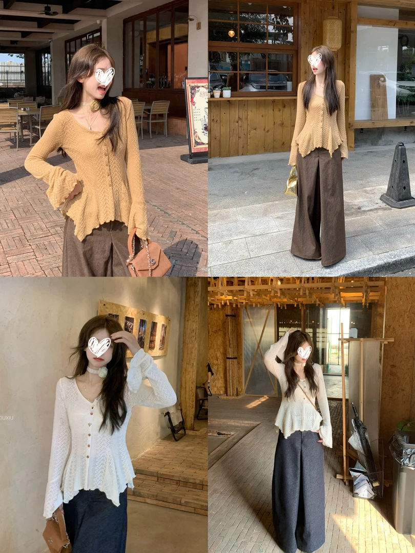 早秋气质高级感喇叭袖不规则针织收腰显瘦小衫阔腿裤套装