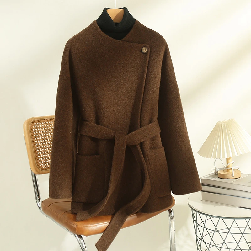 25秋冬新款双面羊绒大衣女系带中长款极简宽松慵懒小浴袍毛呢外套