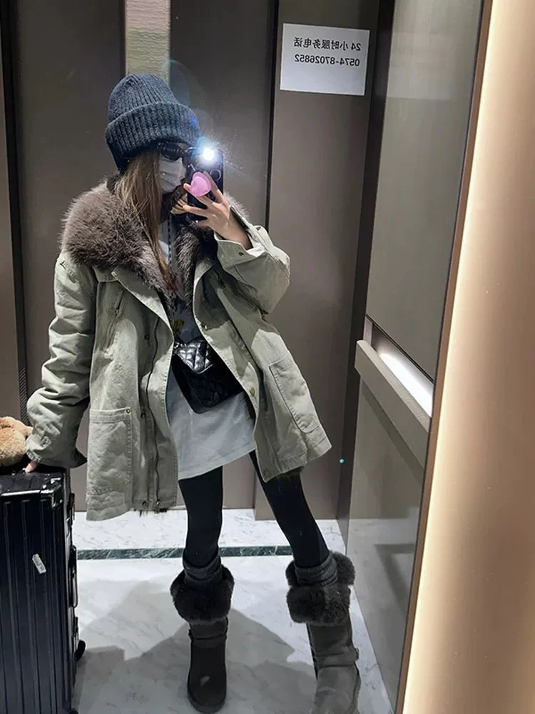 超好看气质毛绒拼接90绒羽绒服女冬季2025新款中长款白鸭绒派克服