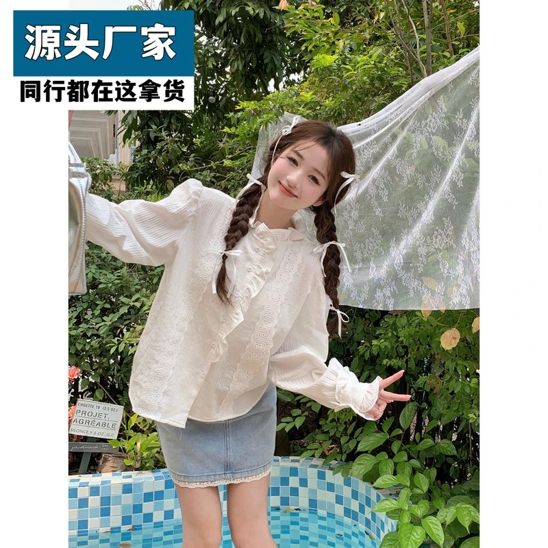 梵乐芬法式白色立领泡泡袖衬衫女春新款百搭宽松气质高级感木耳花