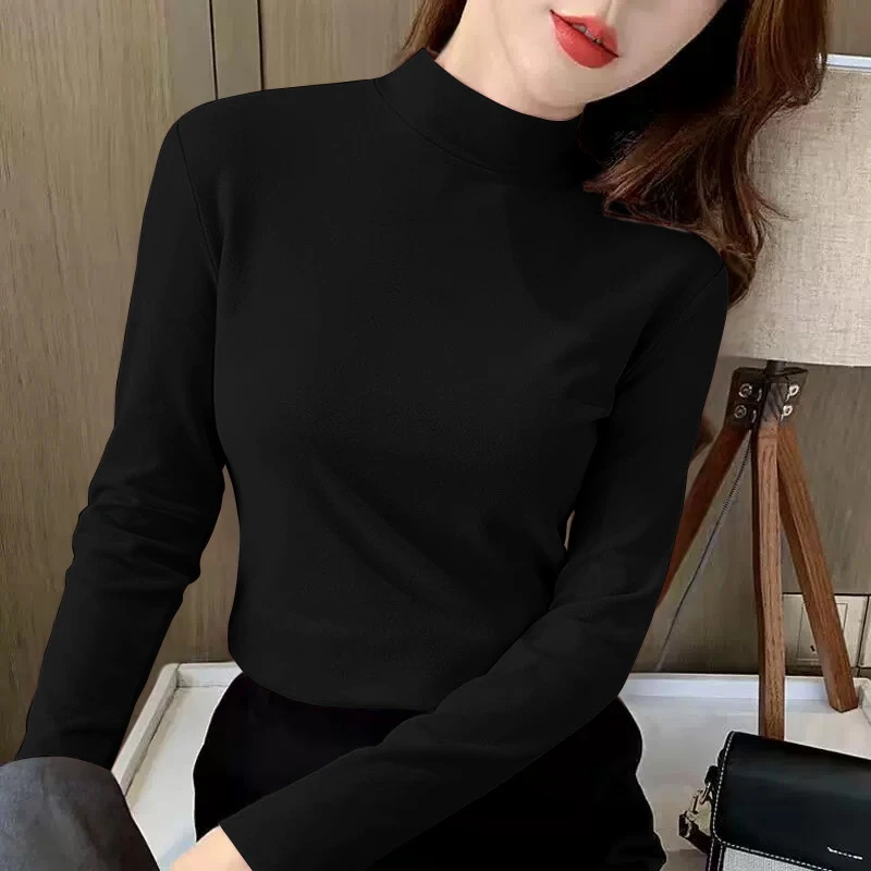 2025半高领宽松打底衫女秋冬季百搭洋气德绒保暖时尚长袖上衣xs