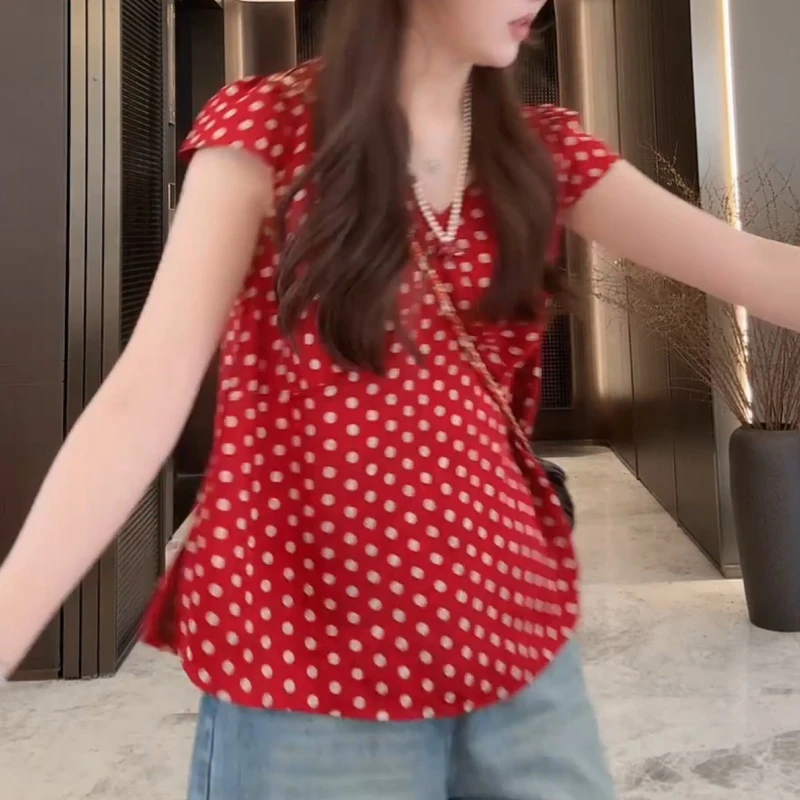 2025夏季新款高级感V领波点轻百搭T恤LK2504370