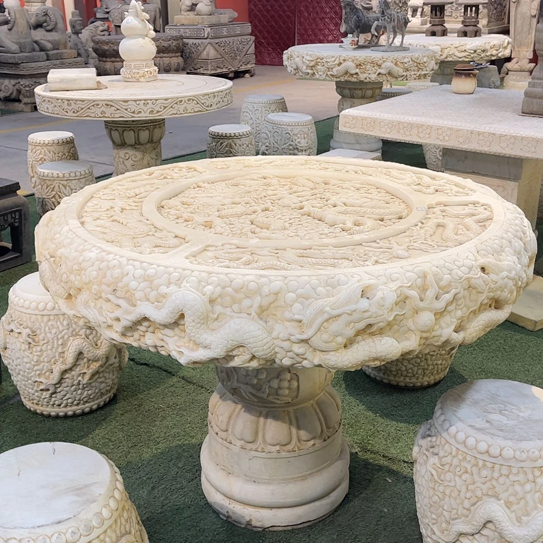石材1米高浮雕汉白玉龙戏珠石桌一桌四凳包邮不包卸车