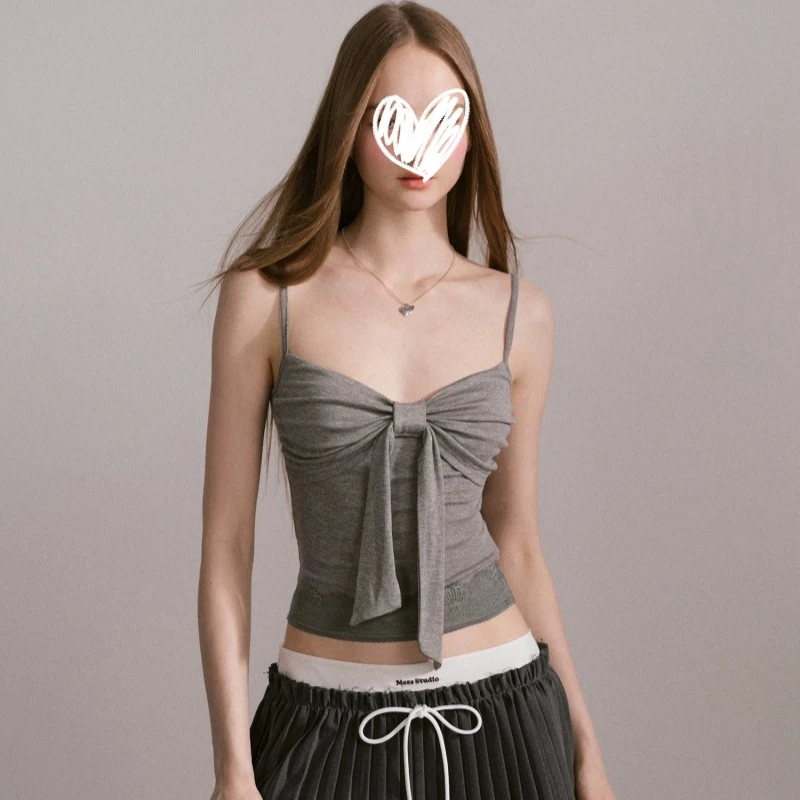 YIDENG夏季新款法式蝴蝶结吊带坎肩两件套设计感修身显瘦纯欲上衣