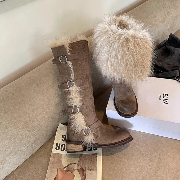 俄式美学~皮扣带可拆卸羊猄绒仿狐狸毛骑士雪地靴女（跟高4筒高40）