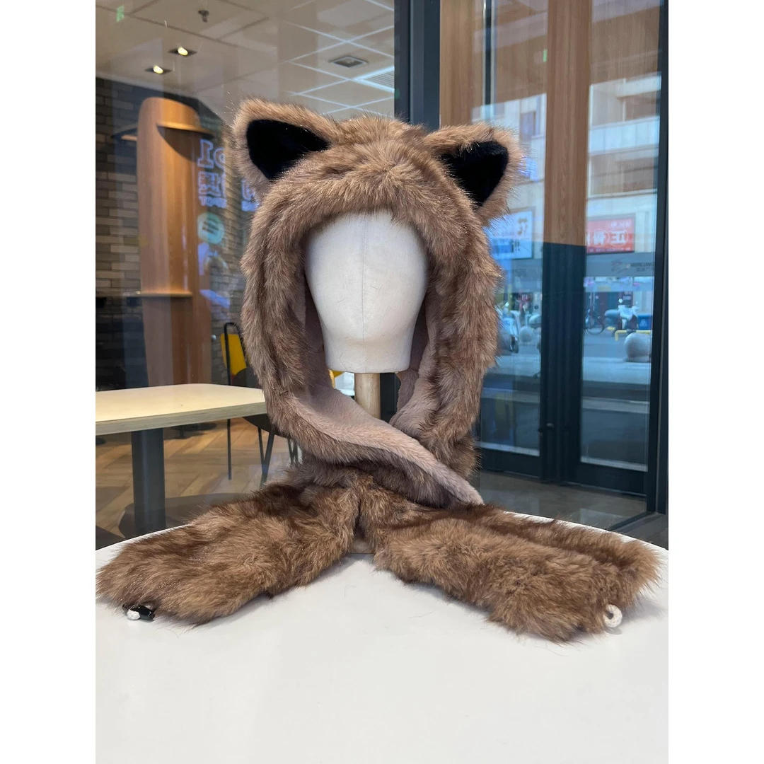 Miss Silas新款毛绒绒帽子围巾一体女冬季防寒保暖帽护耳帽三件套