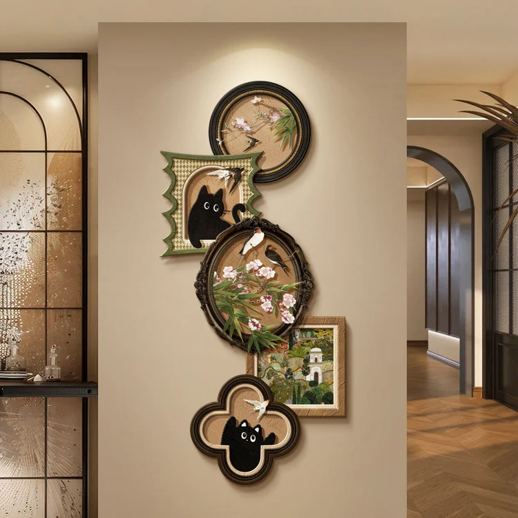 猫咪中古风玄关装饰画带灯法式复古电视背景墙挂画花鸟图过道413