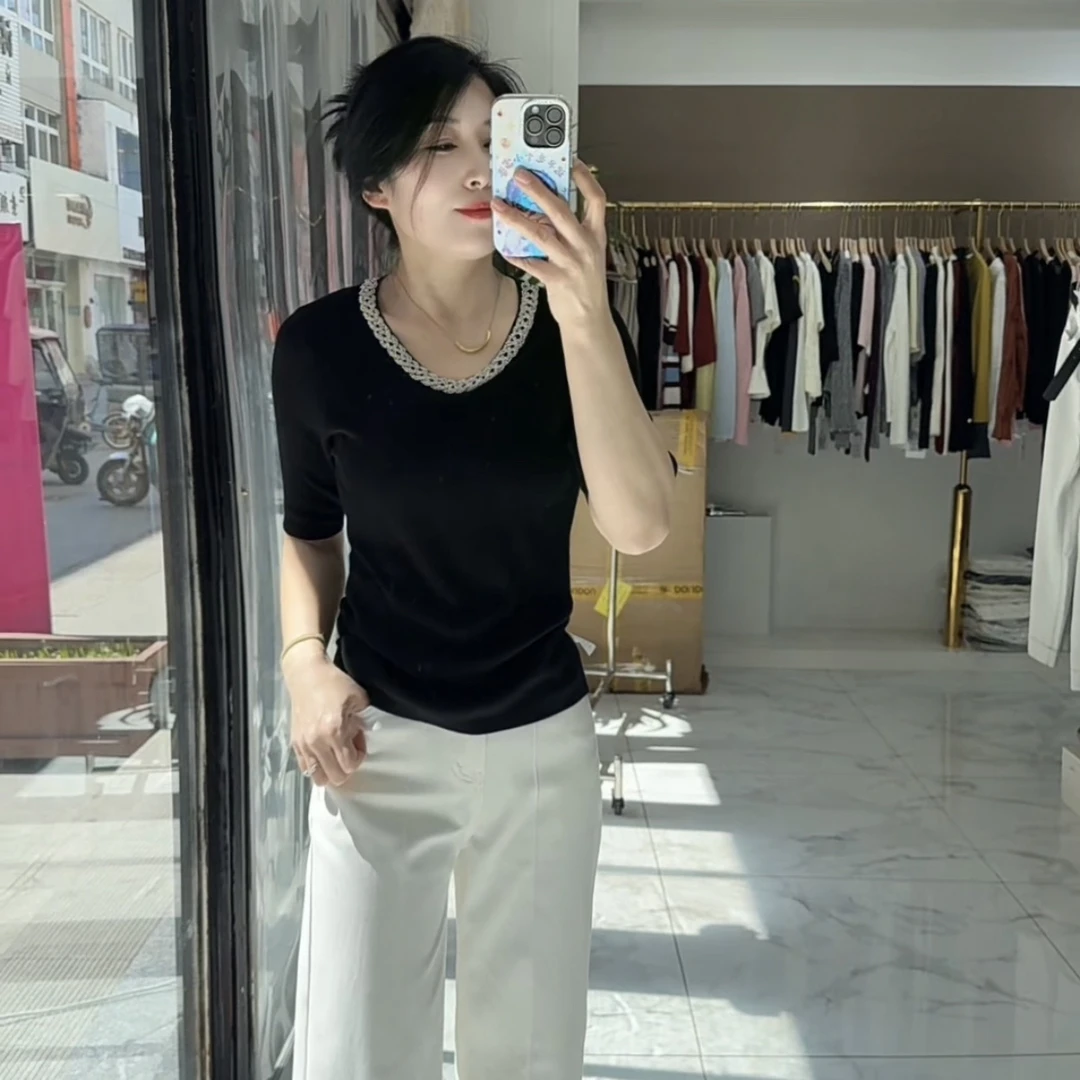 圆领常规款镶钻气质风修身型T恤打底衫百搭气质休闲修身套头