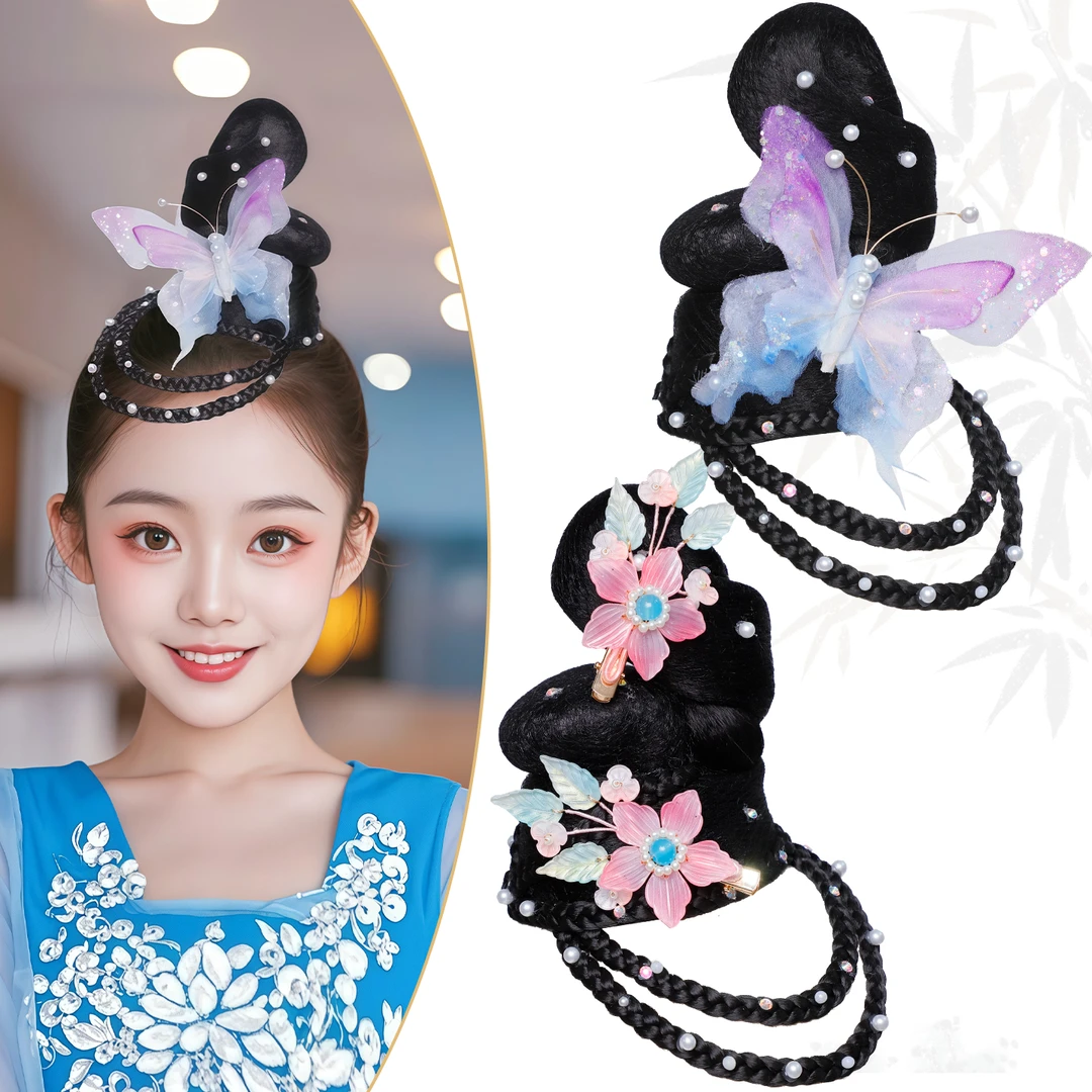 儿童古风舞台假发汉服一体式全套头饰古典舞演出舞蹈发髻发包组合