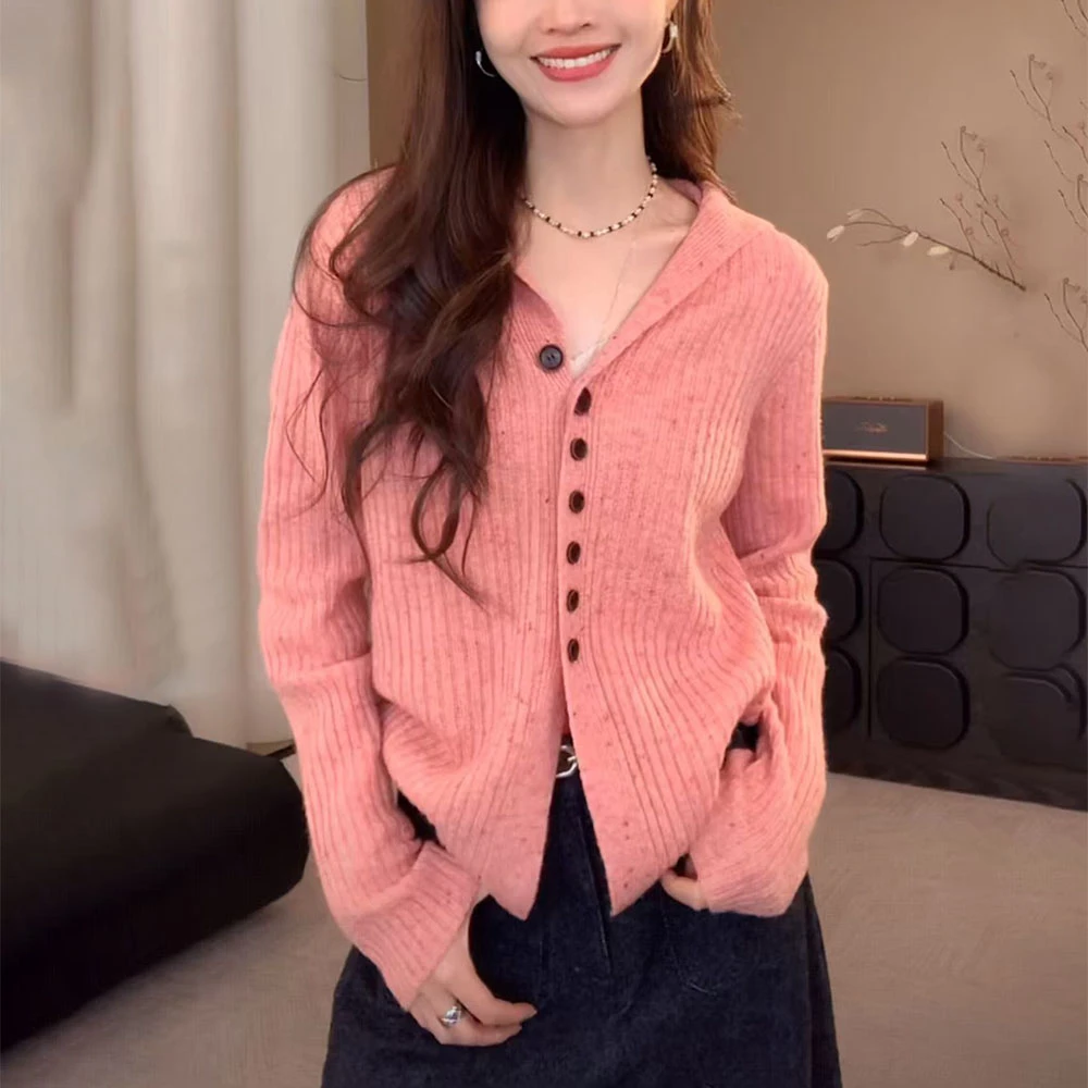 粉色高级感连帽针织开衫女秋季新款时尚宽松显瘦减龄洋气长袖上衣