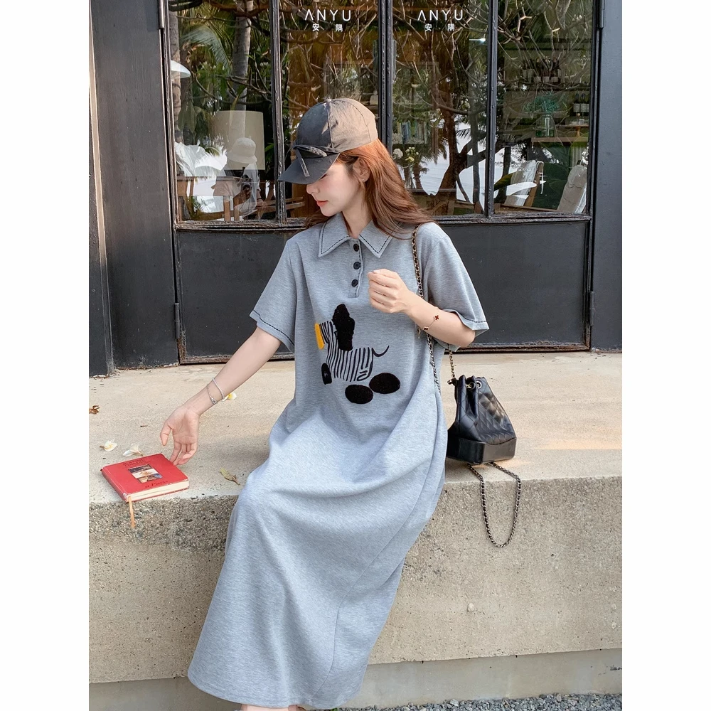 欧货卡通斑马刺绣polo领短袖连衣裙女慵懒风宽松显瘦直筒T恤上衣