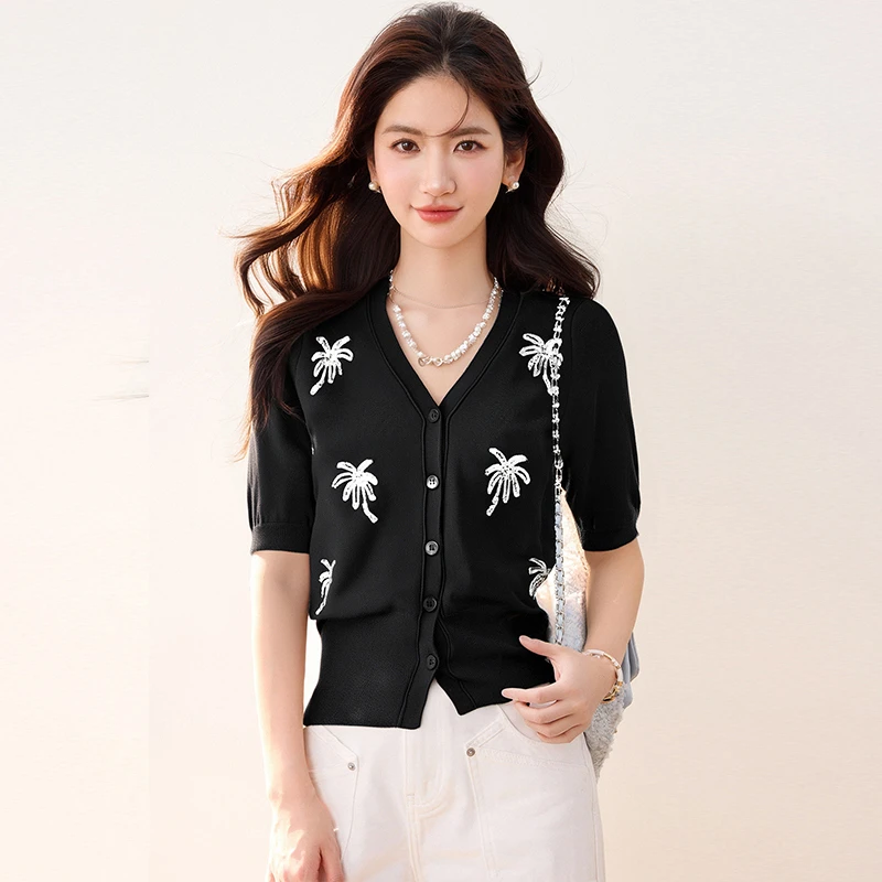 轻奢香风休闲百搭薄款重工亮片设计感小众针织开衫短袖t恤上衣女