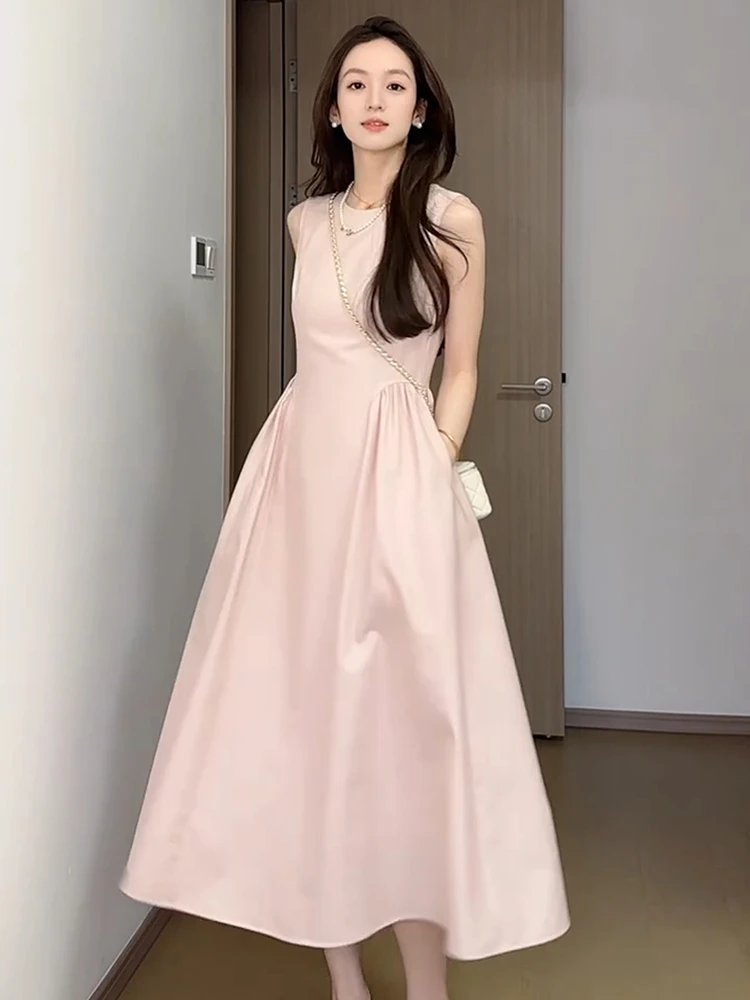 法式气质初恋粉色连衣裙女夏季2025年新款收腰显瘦无袖背心长裙子