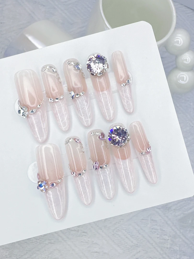 Y05甲型纯手工穿戴甲华子钻镶嵌高级感法式富家千金夏季冰透美甲