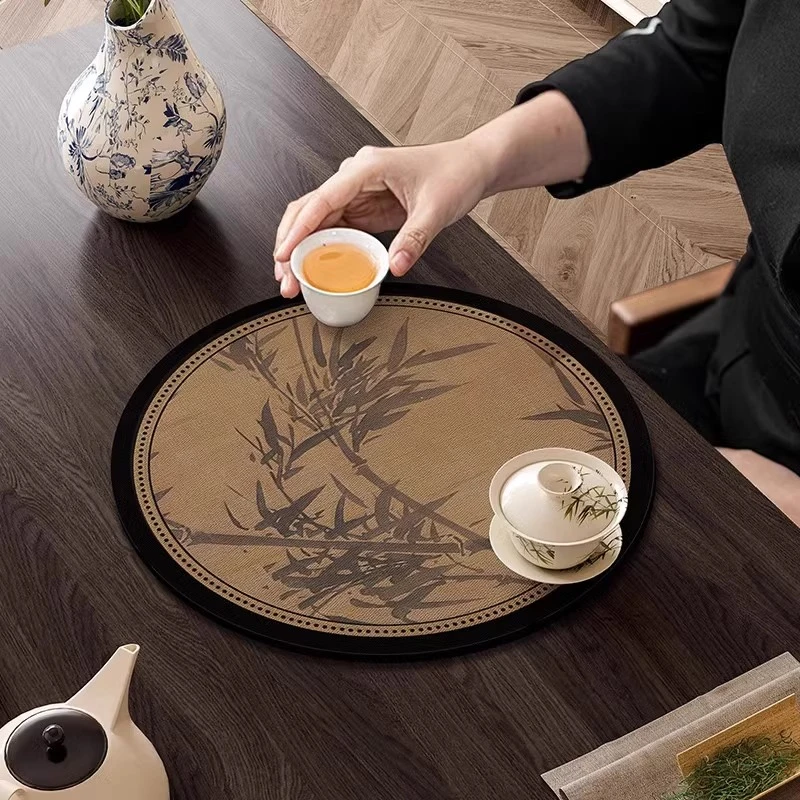 新中式禅意竹子茶席茶垫干泡茶台圆形茶桌垫布硅藻泥吸水桌旗杯垫