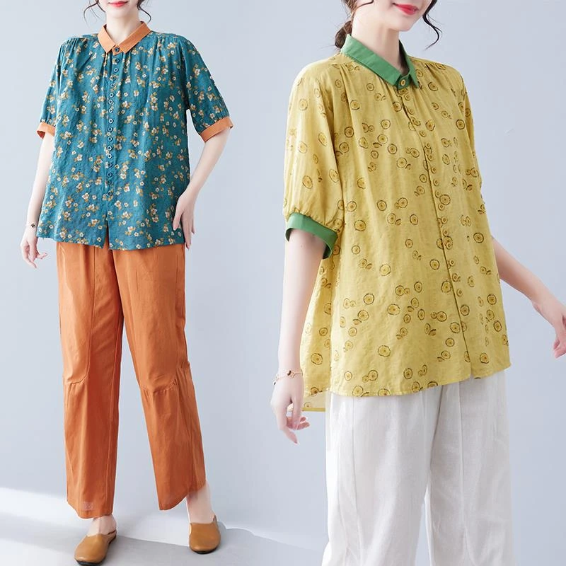 套装2025新款韩版大码两件套印花复古时尚洋气宽松棉麻套装妈妈夏
