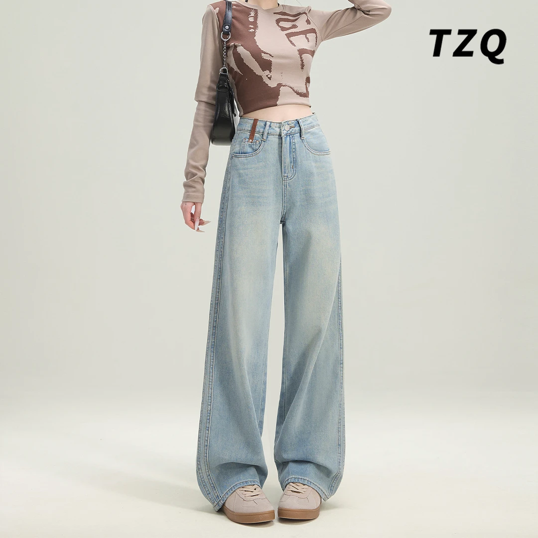 浅蓝色阔腿牛仔裤女2025新款高腰宽松垂感显瘦直筒裤TZQ25010215
