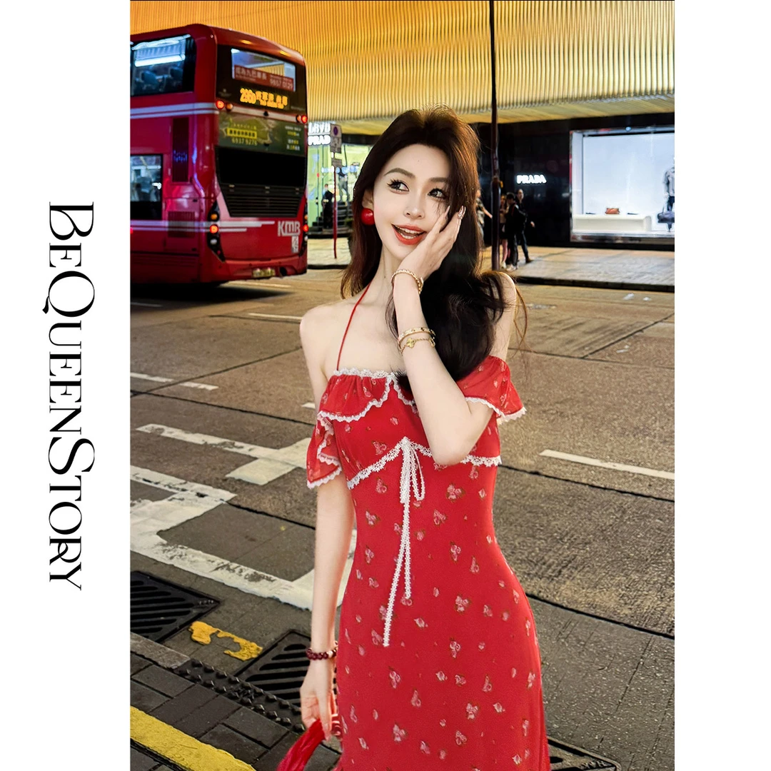 余潇潇【旺角之恋】时尚气质显瘦挂脖系带设计感撞色精致H型连衣裙