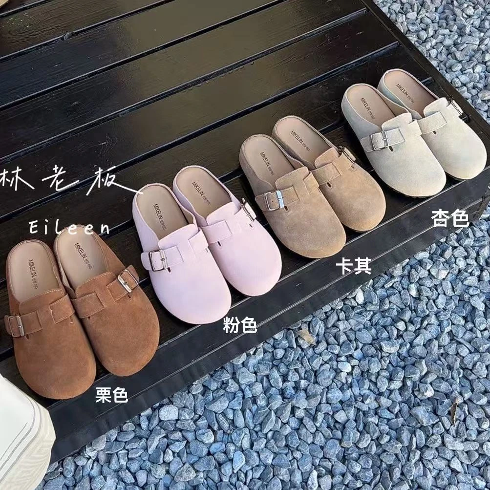 韩版复古牛反绒内增高包头博肯鞋软底软面外穿半托包头鞋