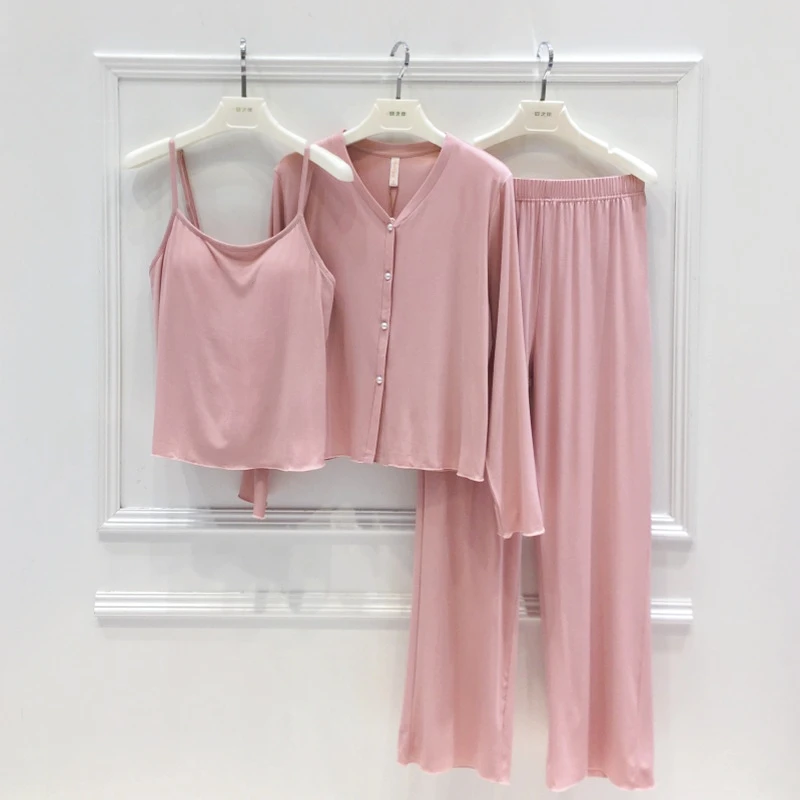 美梦带胸垫睡衣女三件套春秋长袖凉感棉吊带长裤松弛慵懒风家居服