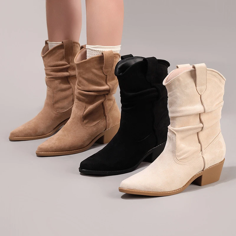 女士褶皱弹力短靴子显瘦懒人一蹬堆堆靴尖粗跟休闲时尚马丁靴