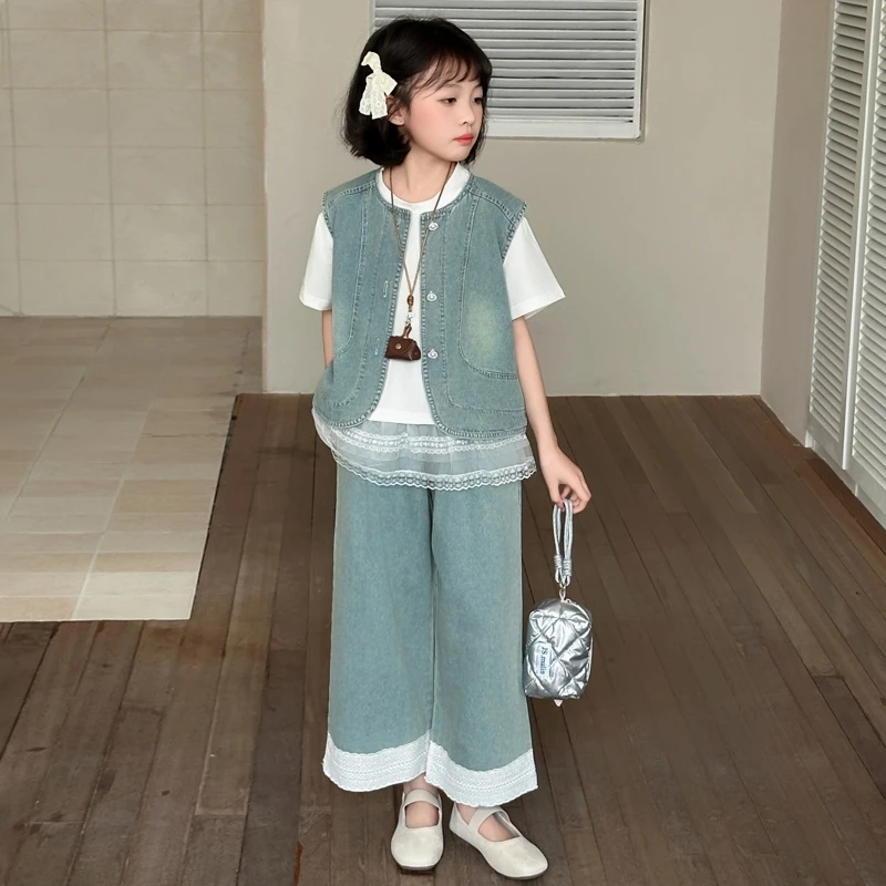 牛仔三件套儿童女童洋气休闲时尚复古阔腿宽松无袖女装韩版套装