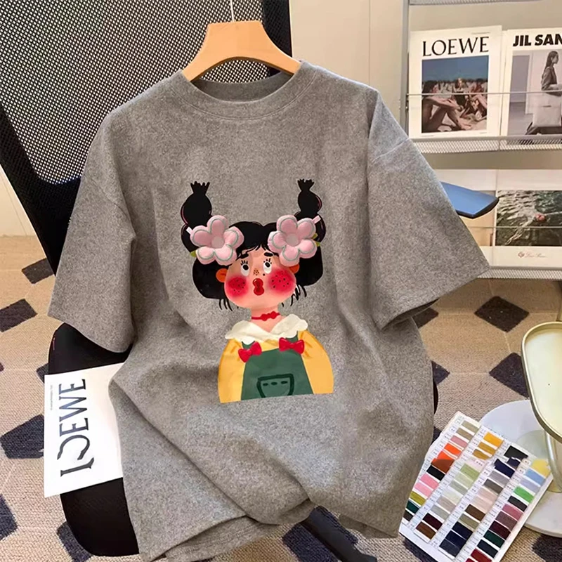 2025新款灰色趣味短袖t恤女夏季美式复古oversize体恤上衣