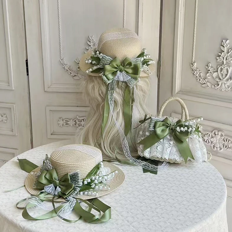 原创Lolita森系铃兰花蕾丝沙滩田园草编包藤编包手提编织包斜跨包