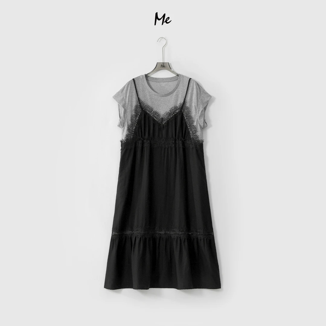 ME【夏夜之花】天丝亚麻混纺蕾丝拼接显瘦百搭时尚连衣裙MESS5448