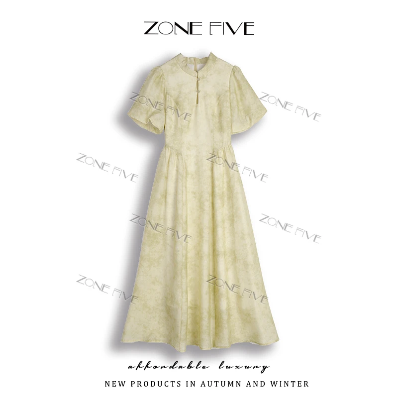 【zonefive】连衣裙新中式扎染连衣裙显瘦泡泡袖复古连衣裙