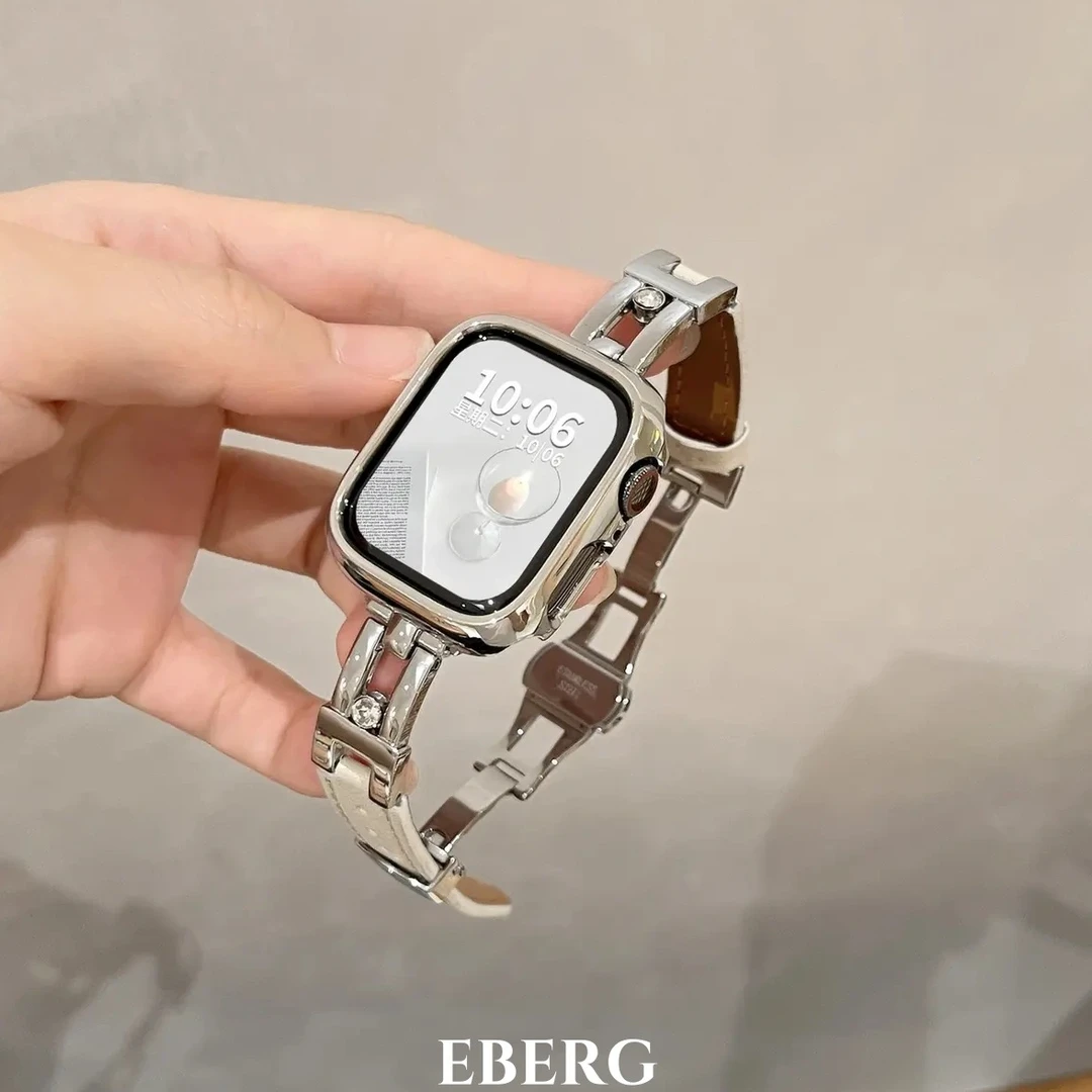 适用苹果手表iwatchs10表带s9闪钻滑梯真皮apple watch女款se腕带