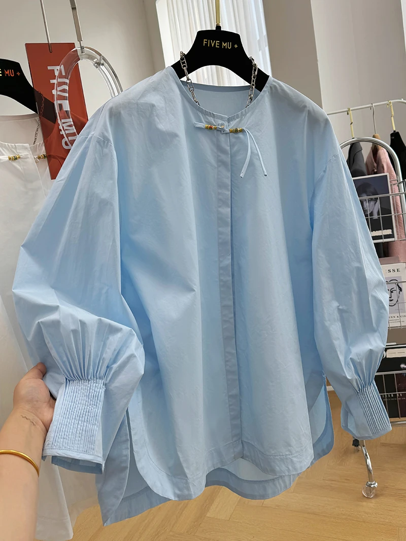 别致新中式国风圆领长袖衬衫女2025春秋季设计感宽松休闲蓝色小衫