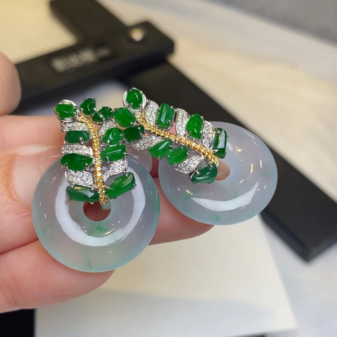翡翠耳饰18K金镶嵌甜甜圈➕随形麦穗耳扣