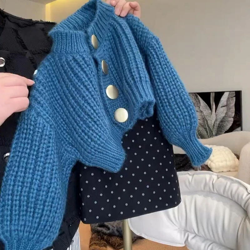 女童毛衣新款秋冬蓝色针织长袖韩版圆领短款单排扣开衫半身裙套装