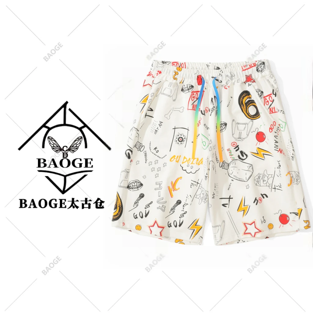 新款夏季男女同款五分裤休闲涂鸦短裤宽松情侣薄款休闲潮流百搭
