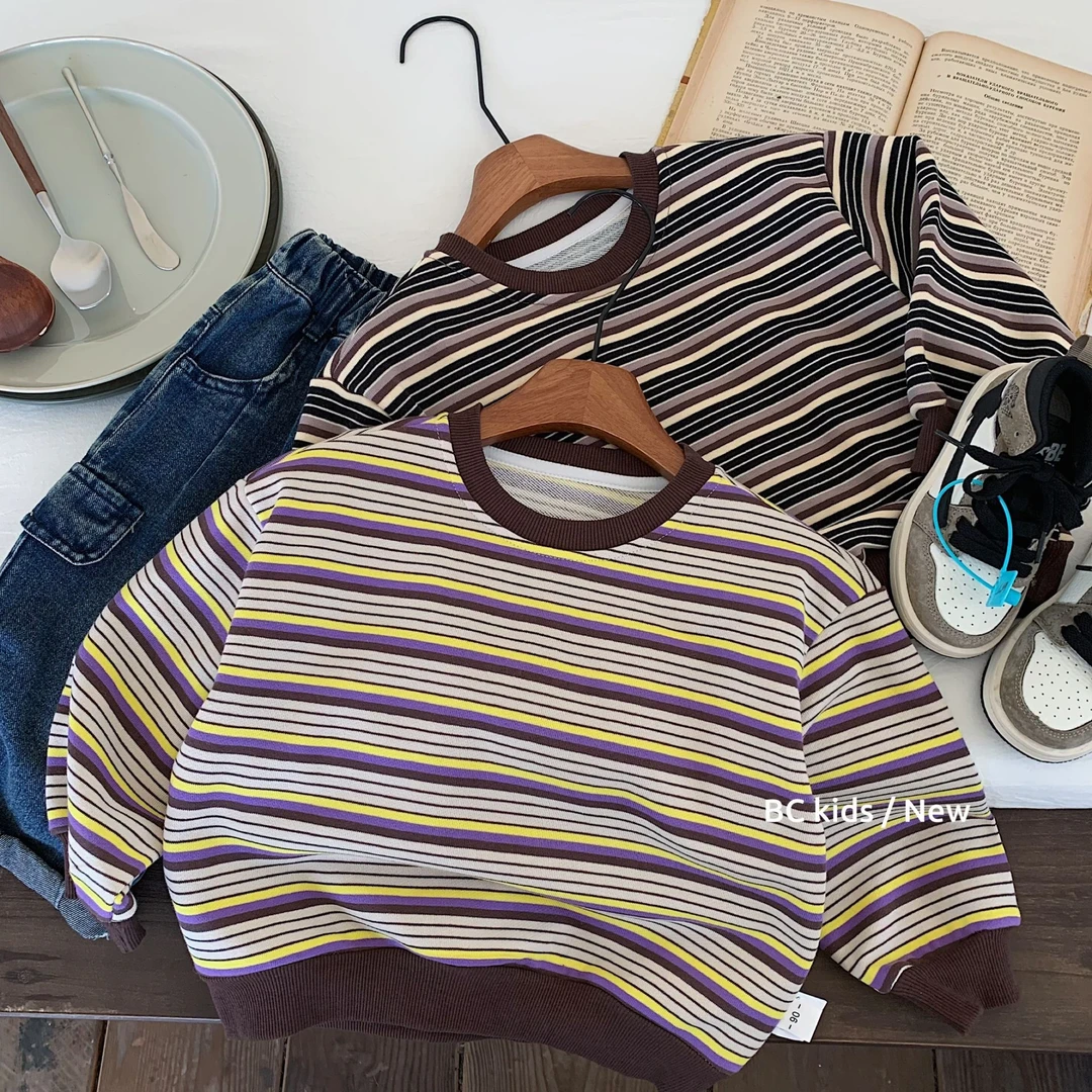 卫衣邦诚2025春季新款彩色条纹打底ol圆领上衣男女童洋气上衣