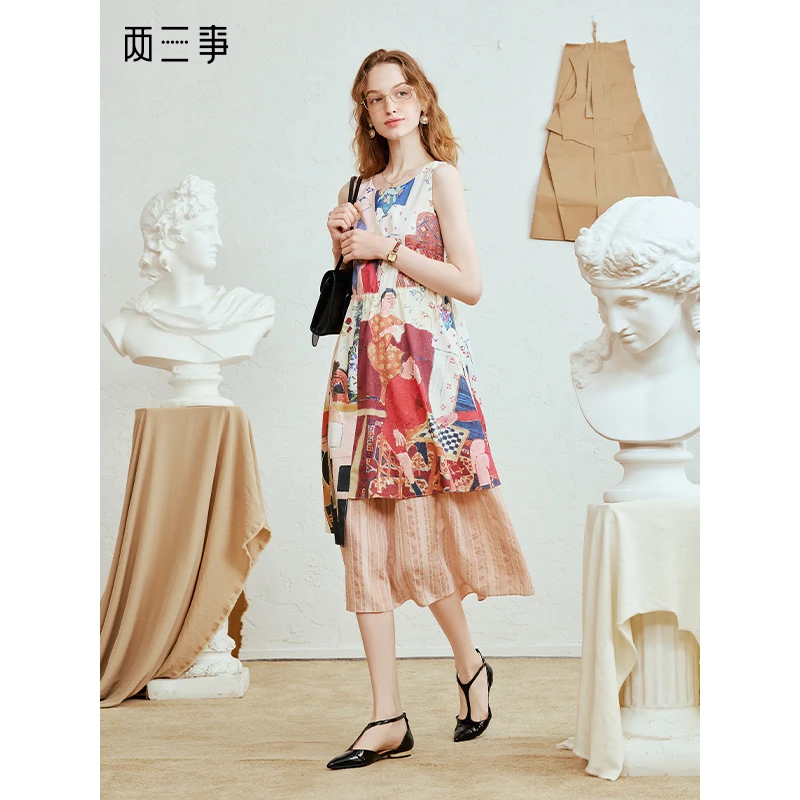 两三事 格蕾笔记 2025夏季新款复古抽象印花双层裙摆背心裙连衣裙