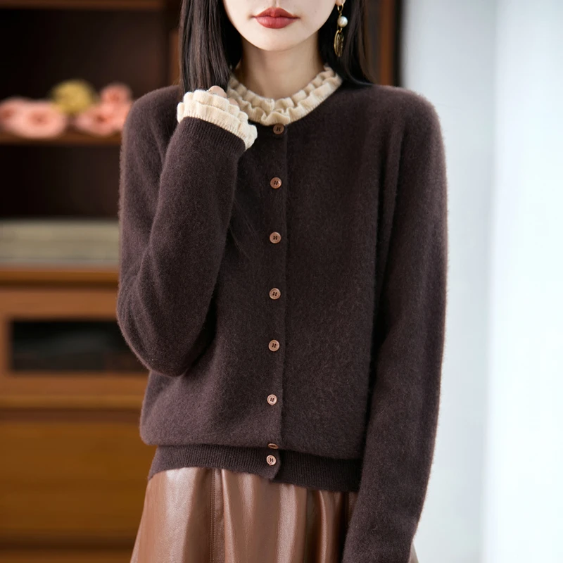 100%纯羊毛开衫女半高领木耳边拼色针织衫毛衣宽松长袖针织衫外套