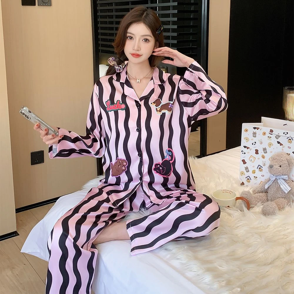 粉色条纹舒适睡衣女长袖2025春秋季卡通甜美可爱宽松家居服套装
