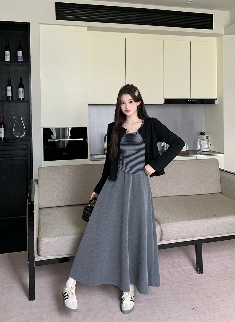 2025大码女装新款秋季条纹吊带长袖开衫外套+半身裙三件套